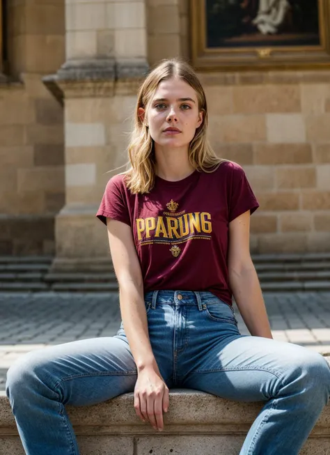 A stunning intricate full color portrait of (sks woman:1) in Prague, at the Prague Castle, wearing tshirt and jeans, epic character composition, sharp focus, natural lighting, subsurface scattering, f2, 35mm, film grain, , by Dominique Issermann, <lora:locon_ellenfanning_v1_from_v1_64_32:1>
