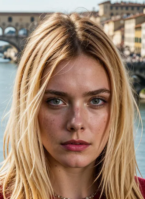 portrait of sks woman in Florence, at the Ponte Vecchio, by Flora Borsi, style by Flora Borsi, bold, bright colours, ((Flora Borsi)), by Ansel Adams, <lora:locon_ellenfanning_v1_from_v1_64_32:1>