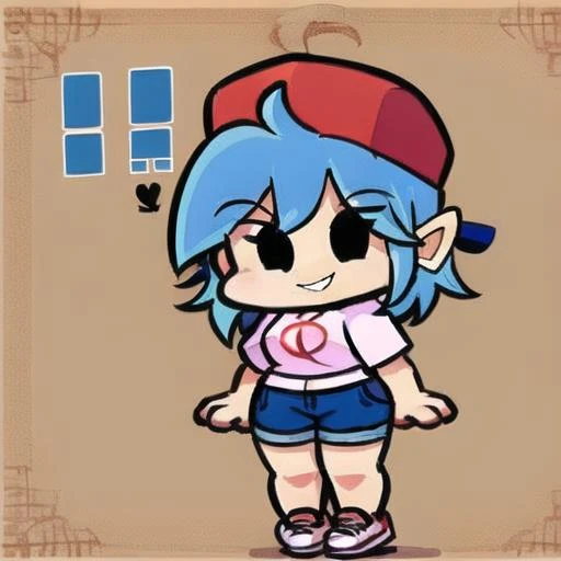 <lora:GSBF:0.9> GSBF, blue hair, 1girl, solo, shirt, smile, shorts, shoes, black eyes, hsort hair, pointy ears, full body , red hearwear, blue shorts, cap , hat , t-shirt , baseball cap, white shirt, midriff, looking at viewer, medium breasts,chibi,