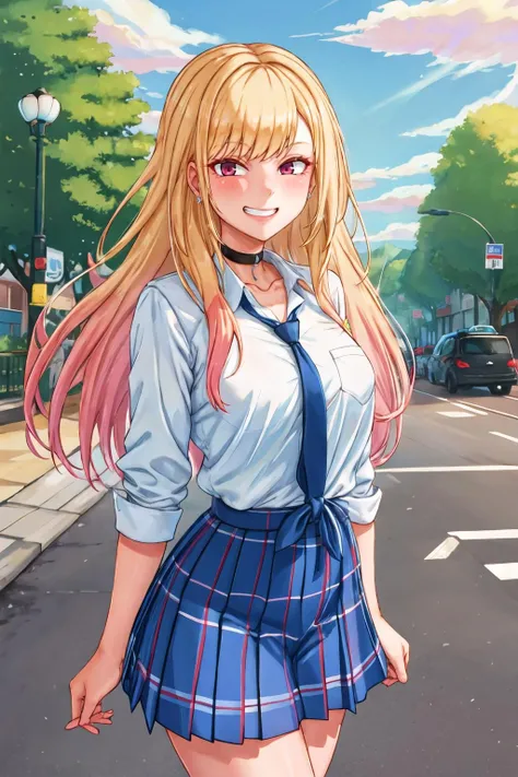 masterpiece, best quality, highres, kitagawa marin, 1girl, blonde hair, long hair, multicolored hair, red eyes, jewelry, earrings, piercing, school uniform, white shirt, tied shirt, black choker, blue necktie, plaid skirt, <lora:kitagawa_marin_v1-1:0.7>, grin, smile, standing, cowboy shot, outdoors,<lora:Creamcod-Style-v1-000070:1>