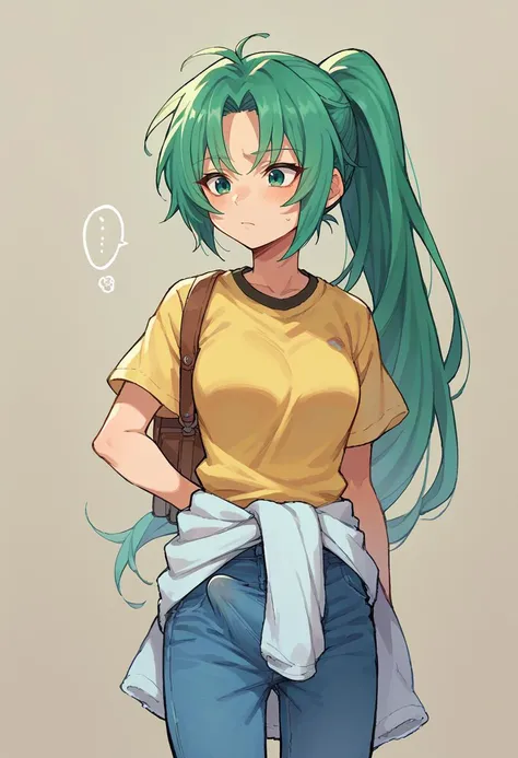 score_9, score_8_up, score_7_up, source_anime ,   <lora:Erection Under Clothes-000012:1> erection under clothes,   <lora:MionPonyN:1> Mion Sonozaki, green eyes, ponytail,  green hair, yellow T-shirt, clothes around waist, jeans,  1girl, solo,