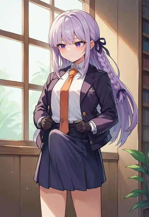score_9, score_8_up, score_7_up, source_anime, <lora:Erection Under Clothes-000012:1> erection under clothes, 1girl, <lora:danganronpathh_kirigiri_ponyXL:1> kirigiridef, braid, hair ribbon, jacket, open jacket, long sleeves, white shirt, necktie, skirt, black gloves, indoors,