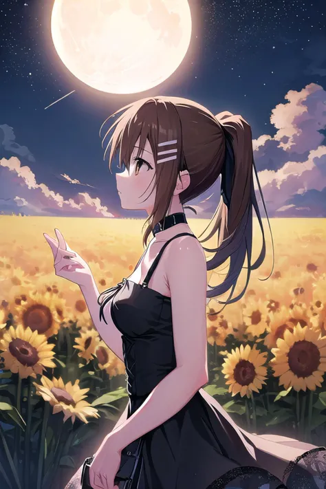 masterpiece, best quality, ultra-high-detailed, Minakami Yuki, brown hair, brown eyes, ponytail, choker, pin, armband, black dress, gazing at the night sky, stars, moon, sideview, standing