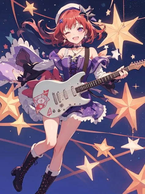 star_\(symbol\), star_hair_ornament, star_necklace, star_print, starfish, starry_background, guitar, 1girl, ksm,cross-laced_footwear, boots, star_earrings, one_eye_closed, lace-up_boots, electric_guitar, smile, christmas_tree, saint_quartz_\(fate\), star_pasties, solo, hat, purple_eyes, ;\), star_choker,<lora:ksm:1>