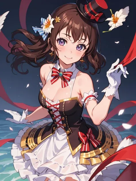 ultra-detailed, illustration, 1girl, ksm, smile, earrings, tail, bow, tail_ornament, jewelry,ribbon, top_hat, gloves, frills, bangs, flower,  tail_bow, dress, striped_bow,<lora:ksm:1>