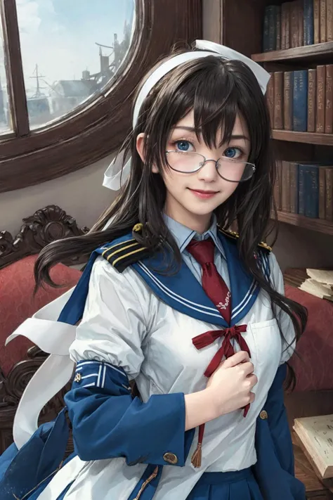 (masterpiece), (best quality), (ultra-detailed), photorealistic, (best illustration), (an extremely delicate and beautiful), 1girl, solo, ooyodo \(kancolle\), blue skirt, serafuku, blue sailor collar, red necktie, short over long sleeves, long sleeves, (red bow), red ribbon, (flower ornament:0.8), semi-rimless eyewear, long hair, black hair, white hairband, ((white ribbon)), hip vent, thigh boots, ribbon-trimmed legwear, (lace-trimmed legwear), detailed indoors military library,smile, (salute), window, (blue sky), blue eyes, thighighs, upper body,hair between the eyes,
<lora:ooyodo_nai_3:0.7> <lora:ena_girl:0.3>
