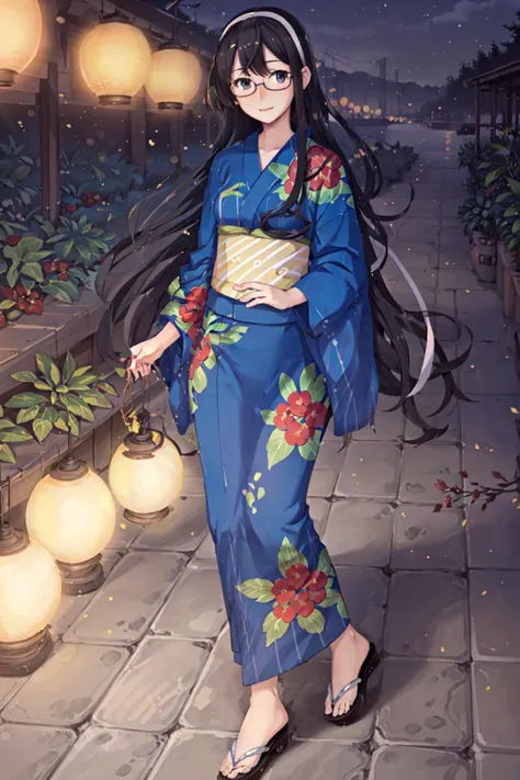 (masterpiece), (best quality), (ultra-detailed), photorealistic, (best illustration), (an extremely delicate and beautiful), 1girl, solo, ooyodo \(kancolle\), print yukata, blue yukata, long hair, full body, white ribbon, white hairband, sandals, floral print, obi, under-rim eyewear, wide sleeves, long sleeves, night, walking, detailed scenery, roadside<lora:ooyodo_nai_3-32:0.8> , happy