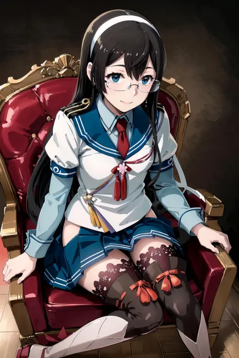 (masterpiece), (best quality), (ultra-detailed), photorealistic, (best illustration), (an extremely delicate and beautiful), 1girl, solo, ooyodo \(kancolle\),  full body, blue skirt, serafuku, blue sailor collar, red necktie, short over long sleeves, long sleeves, (red bow:0.9), (red ribbon), flower ornament, semi-rimless eyewear, long hair, black hair, white hairband, ((white ribbon)), hip vent, thigh boots, ribbon-trimmed legwear, (lace-trimmed legwear), red cord, sitting on armchair, ornate armchair, detailed indoors office <lora:ooyodo_nai_3-32:0.9>, (from above:0.8), smile