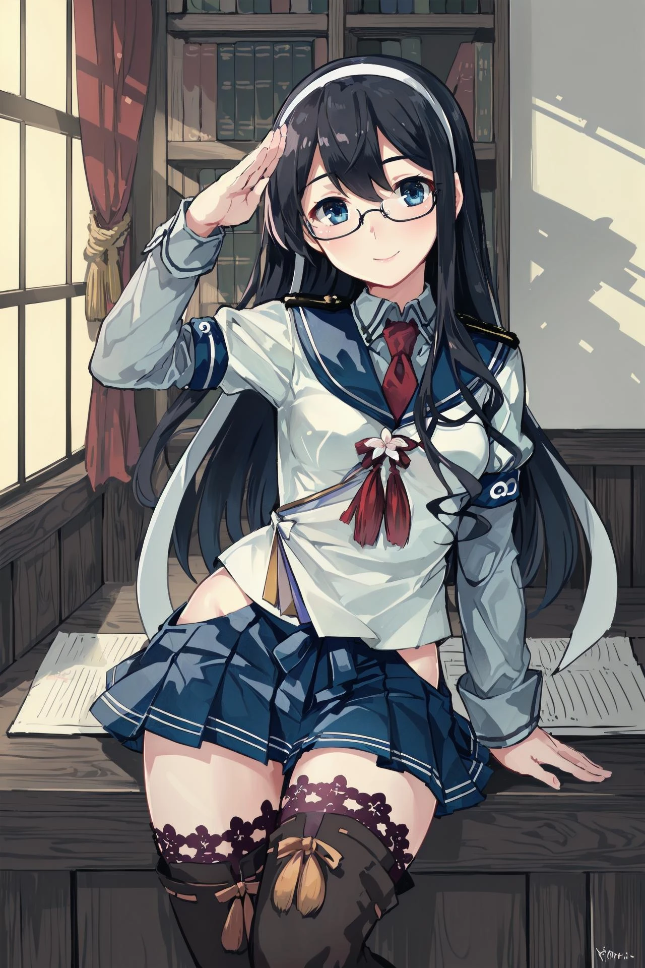 (masterpiece), (best quality), (ultra-detailed), photorealistic, (best illustration), (an extremely delicate and beautiful), 1girl, solo, ooyodo \(kancolle\), blue skirt, serafuku, blue sailor collar, red necktie, short over long sleeves, long sleeves, (red bow), red ribbon, (flower ornament:0.8), semi-rimless eyewear, long hair, black hair, white hairband, ((white ribbon)), hip vent, thigh boots, ribbon-trimmed legwear, (lace-trimmed legwear), detailed indoors military library, <lora:ooyodo_nai_3-32:0.8> smile, (salute), window, (blue sky), blue eyes, thighighs,