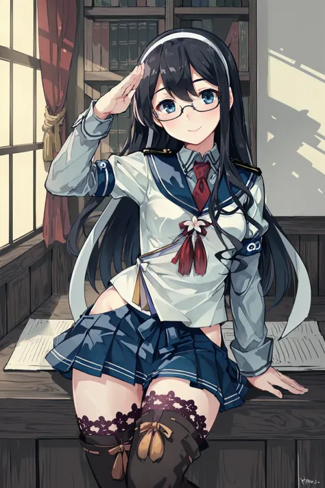 (masterpiece), (best quality), (ultra-detailed), photorealistic, (best illustration), (an extremely delicate and beautiful), 1girl, solo, ooyodo \(kancolle\), blue skirt, serafuku, blue sailor collar, red necktie, short over long sleeves, long sleeves, (red bow), red ribbon, (flower ornament:0.8), semi-rimless eyewear, long hair, black hair, white hairband, ((white ribbon)), hip vent, thigh boots, ribbon-trimmed legwear, (lace-trimmed legwear), detailed indoors military library, <lora:ooyodo_nai_3-32:0.8> smile, (salute), window, (blue sky), blue eyes, thighighs,