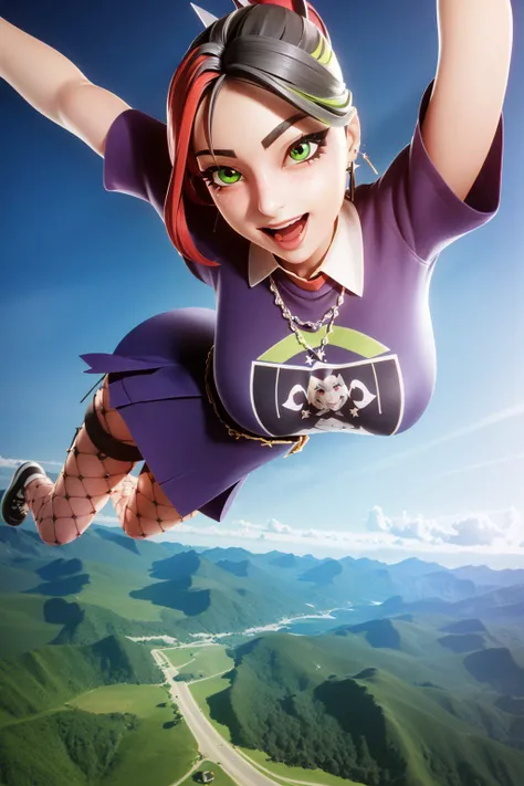 (realistic:1.3), <lora:Helsie:0.7>, xyzhelsie, soaring over an island, 1girl, falling, skydiving, beautiful detailed face, green eyes, beautiful detailed eyes, smiling, open mouth, purple clothes, skirt, fishnet, rainbow nails, sharp details