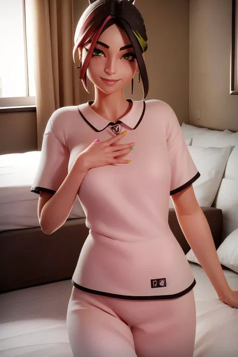 (realistic:1.3), <lora:Helsie:0.7>, xyzhelsie, hotel room, bed, pillows, 1girl, beautiful detailed face, smiling, green eyes, beautiful detailed eyes, (pijama), pink pijama, free hair, rainbow nails, sharp details