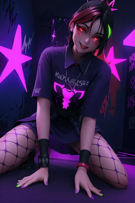 1girl, <lora:Helsie:0.7> xyzhelsie, ((masterpiece)), (best quality), 8k, ultra-detailed, absurdress, best quality, intricate details, chromatic aberration, 1girl, messy hair, red highlights, red eyes, sharp eyes,angel, halo over head, angel wings, against wall, brick wall, graffiti, (glowing graffiti:1.2), (glowing tattoos1.1), glow, neon lights, (blacklight:1.4), <lora:blacklight:1.3>, <lora:GoodHands-beta2:0.7>, purple clothes, skirt, fishnet, rainbow nails