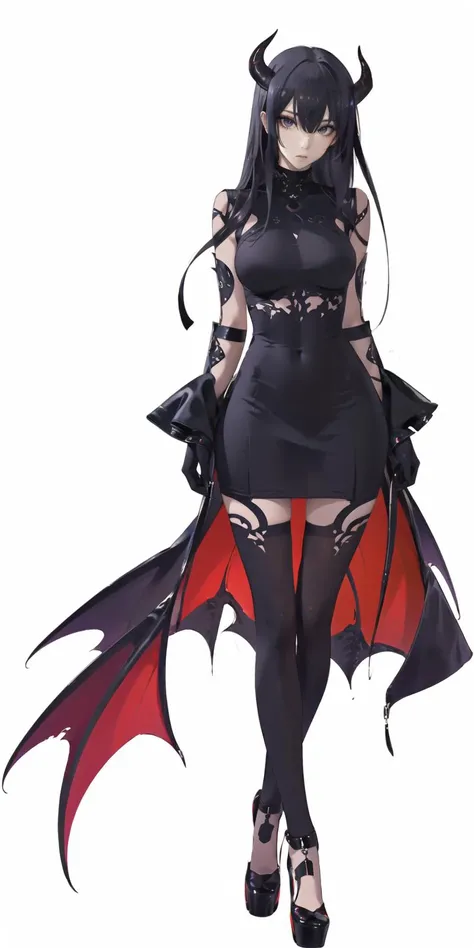 best quality,ultra high res,(1girl:1.2),solo,full body,demon,demon horns,black hair,(dark skin:1.1),black eyes,expressionless,gloomy,Apathy,tall female,mature female,(long hair:1.5),