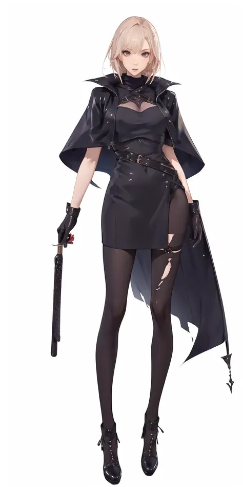 best quality,ultra high res,(1boy:1.4),solo,full body,white background,fantasy,Western fantasy game,Korean MMO Games,mature female,Serious,Cool,black pantyhose,Female Assassin,female killer,Black Cloak,Skinny Leather Clothing,