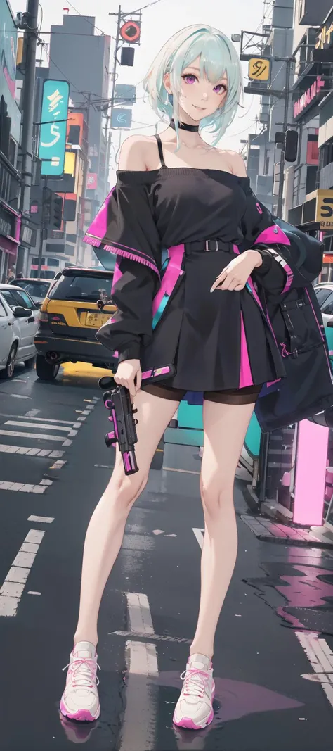 best quality,ultra high res,1girl,solo,full body,5 fingers, detailed hand,white|aqua hair,pink eyes,JK,school uniform,cyberpunk,off shoulder,smile,holding gun,city,neon lights,landscape,night,sneakers,black pantyhose,tall female,mature female,