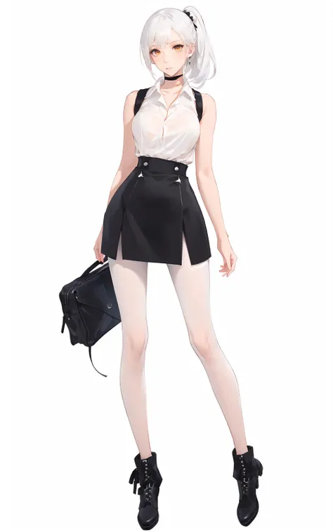 best quality,ultra high res,1girl,solo,full body,grey background,standing,
white hair,(orange eyes:0.1),expressionless,tsurime,side ponytail,medium breasts,closed mouth,
white sleeveless collared shirt,black ankle boots,(((black pantyhose:1.3))),black pencil skirt,(tall female:0.6),(mature female:0.1),Apathy,beautiful makeup,detailed makeup,