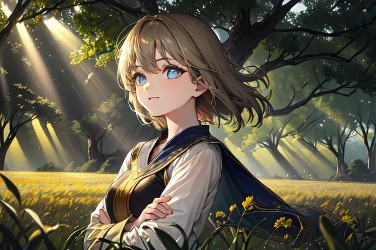 sunbeam, light rays, phlt, 1girl, <lora:sun5-1-1-000016:0.1>, (masterpiece:1.6, best quality), (finely detailed beautiful eyes: 1.2), outdoors, trees, field, grass field