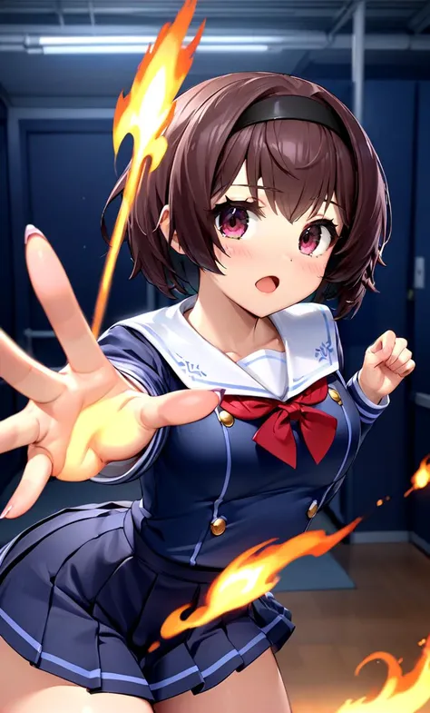 masterpiece, best quality, ultra detailed, highres, 1girl, solo <lora:cmayu-chan:1> mmayu, short hair, navy blue shirt, serafuku, red neckerchief, navy blue skirt, pleated skirt, looking at you
cast fire element magic, fire magic, dynamic pose, focus on fire element magic, magic fire element stream