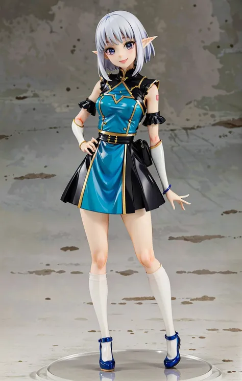 (1 plastic action figurine of a young Elven girl, glossy plastic texture) (wearing nylon thighs, standing on tiptoes), white hair, smile, <lora:popupparade-10:1>