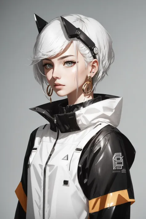1girl, solo, white hair, looking at viewer, earrings, jewelry, grey background, grey eyes, simple background, headgear, upper body, closed mouth, bangs, short hair, blunt bangs, hair ornament, expressionless,,<lora:necoStyleLora_v10:1>