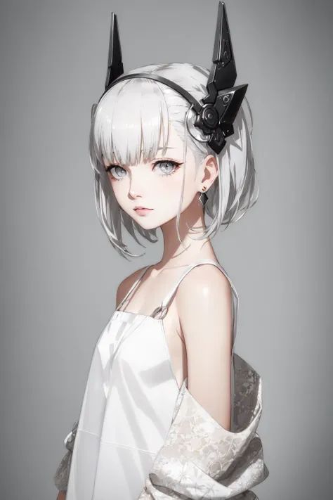 1girl, solo, white hair, looking at viewer, earrings, jewelry, grey background, grey eyes, simple background, headgear, upper body, closed mouth, bangs, short hair, blunt bangs, hair ornament, expressionless,,<lora:necoStyleLora_v10:1>