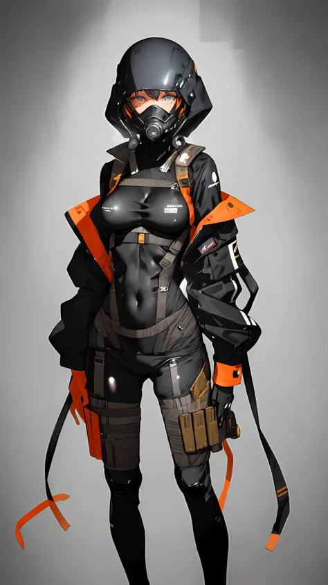 masterpiece, best quality,CG,UHD,1girl,SOLO,, ,multicolored hair, (,side lighting, lustrous skin), (beautiful detailed eyes),, disheveled hair,tactical, (Half Mask Respirators:0.85), see-through bright orange bodysuit under jacket,(medium Breasts:1.3),(covered nipples:0.8),looking at viewer,simple background,