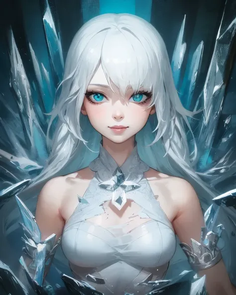 (Art by RossDraws), best quality, masterpiece, headshot, (impasto), (((Sticker))), bishojo, best quality, (broken glass fused with ice), dress made of ice, (double exposure:1.2), 1girl, gentle smile, lips, (flowing), (zentangle), freezing, <lora:hqm8wb:0.8>