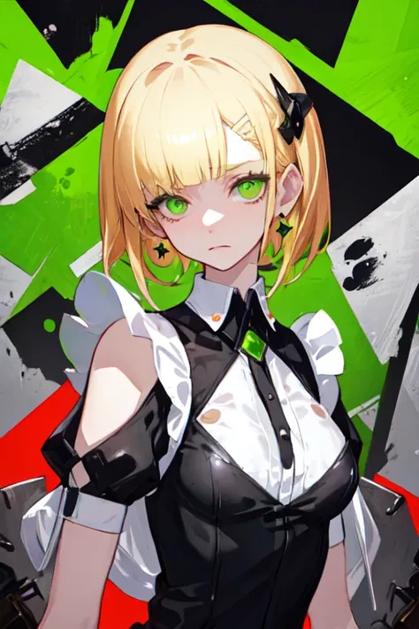 (masterpiece), (best quality), (illustration), dynamic angle, cinematic angle, (colorful), (improve contrast), extremely detailed, 

1girl, solo, blonde, looking at viewer, earrings, jewelry, indigo eye, maid hat, bangs, high ponytail, blunt bangs, evil smile, bare shoulders, hair ornament, grim expression, Fluorescent Green Maid Outfit, short sleeve, <lora: NecoStyle:1>, (chainsaw: 1.2), eye shadow,  

(Graffiti background),