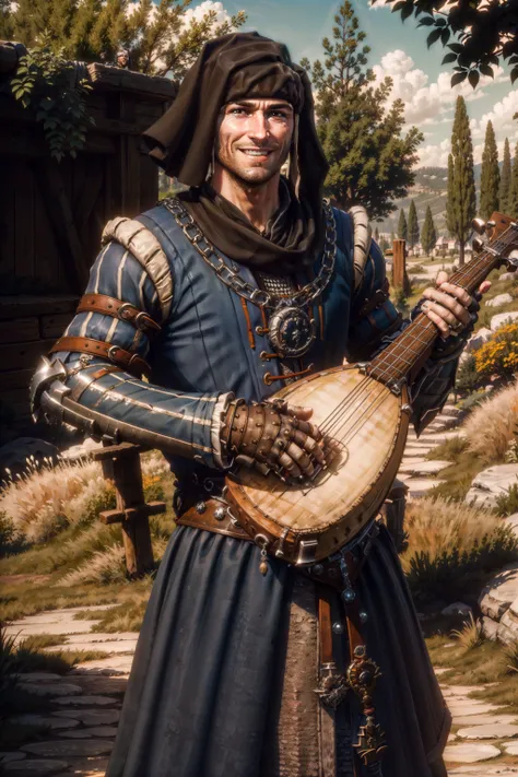 (masterpiece, top quality, best quality, official art, detailed:1.2), <lora:rocheW3:0.7>, rocheW3, solo, looking at viewer, smile, male focus, outdoors, sky, day, necklace, armor, tree, facial hair, grass, instrument, beard, chainmail, lute (instrument), fingerless gloves