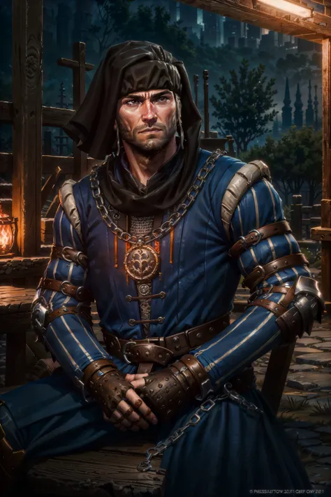 (masterpiece, top quality, best quality, official art, detailed:1.2), <lora:rocheW3:0.7>, rocheW3, looking down, brown eyes, armor, facial hair, beard, necklace, sitting, outdoors, night, scenery, from side,