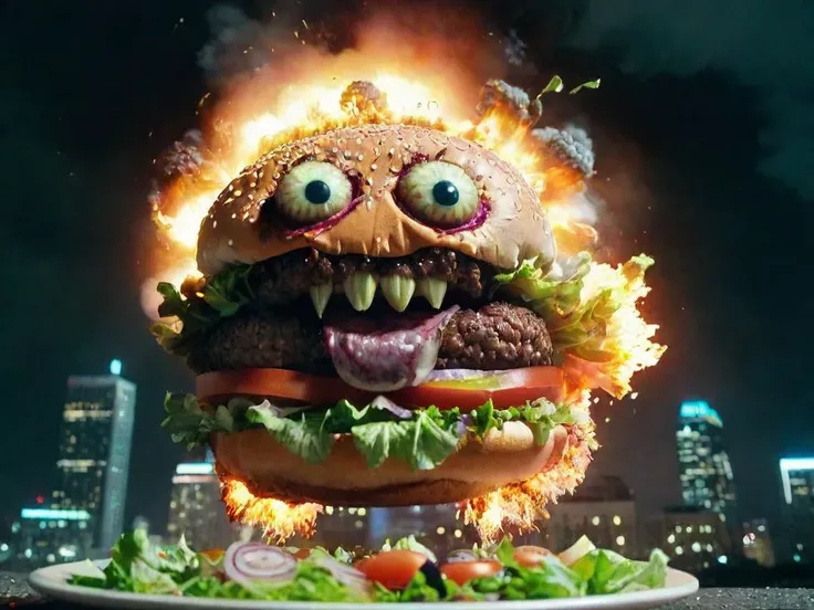an evil giant burger monster with onion eyes is attacking the city at night. buildings are exploding, covered with salad. Burgers, salad and beef flying through the air. <lora:cinematic explosion style:1> cinematic explosion style. <lora:RMSDXL_Darkness_Cinema:1> <lora:sd_xl_dpo_lora_v1:1>, <lora:LCM_LoRA_Weights:1>