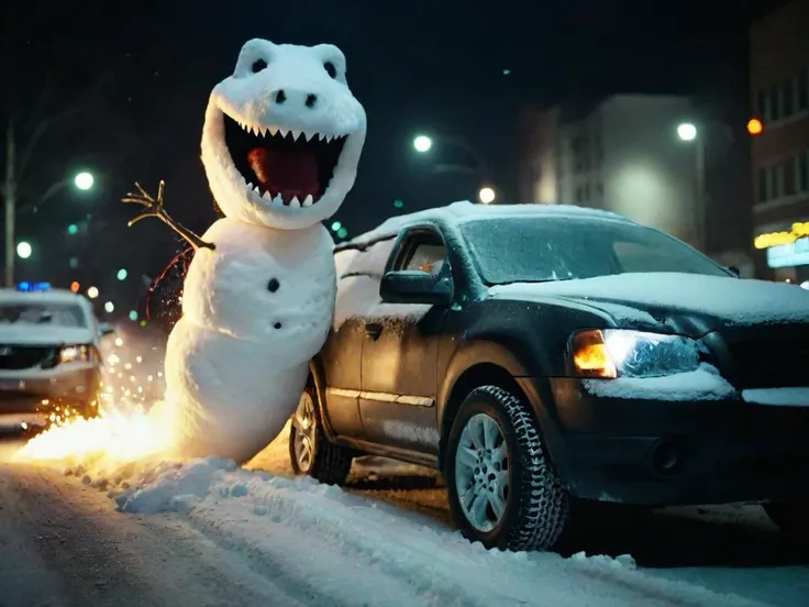 cinematic film still,a snowman in the shape of a tyrannosaurus is crushing cars on a busy street in Detroit at night. ((cars exploding)),<lora:cinematic explosion style:1>,cinematic explosion style. snowing. shallow depth of field,vignette,highly detailed,high budget Hollywood ,bokeh,cinemascope,moody,epic,gorgeous,film grain,grainy,<lora:LCM_LoRA_Weights:1>