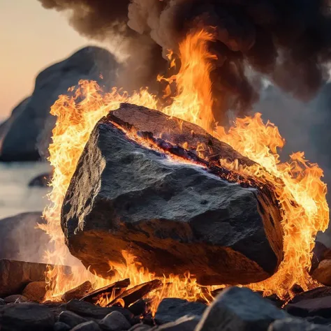 cinematic film still of  <lora:cinematic explosion style:1.5>
a large rock with a fire and smoke coming out of it cinematic explosion style, shallow depth of field, vignette, highly detailed, high budget, bokeh, cinemascope, moody, epic, gorgeous, film grain, grainy