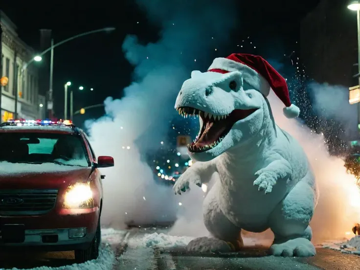 cinematic film still,a giant snowman in the shape of a tyrannosaurus with santa hat is crushing cars on a busy street in Detroit at night. ((cars exploding)),<lora:cinematic explosion style:1>,cinematic explosion style. snowing. shallow depth of field,vignette,highly detailed,high budget Hollywood ,bokeh,cinemascope,moody,epic,gorgeous,film grain,grainy,<lora:LCM_LoRA_Weights:1>