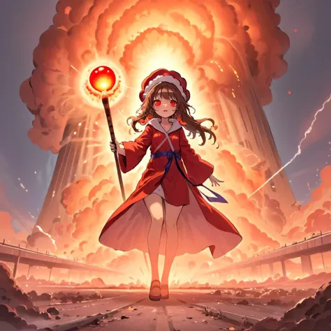 a girl red eyes and long brown hair tied with a ribbon. She's clad in a red robe and hat, holding a staff with a blue orb at the end. The surrounding red and orange lights give off an intense power, suggesting she's casting a magical spell.  ,<lora:MeguminXL_v2.5:0.85>,A colossal explosion dominating the skyline,<lora:cinematic explosion style:0.8>   , resulting in a massive mushroom cloud that towers over the landscape. The scene is engulfed in fiery hues of orange, red, and yellow, with intense light emanating from the explosion's core. Debris is scattered around, propelled by the shockwave, and the ground near the blast shows signs of scorching and upheaval. The surrounding atmosphere is filled with a mix of smoke and dust, creating a chaotic yet awe-inspiring spectacle. The scale of the explosion suggests a significant force, leaving a lasting impression of power and destruction