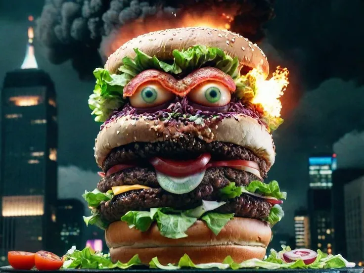 an evil giant burger monster with onion eyes is attacking the city at night. buildings are exploding, covered with salad. Burgers, salad and beef flying through the air. <lora:cinematic explosion style:1> cinematic explosion style. <lora:RMSDXL_Darkness_Cinema:1> <lora:sd_xl_dpo_lora_v1:1>, <lora:LCM_LoRA_Weights:1>