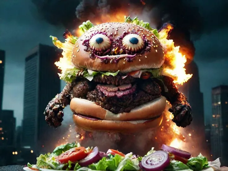 an evil giant burger monster with onion eyes is attacking the city at night. buildings are exploding, covered with salad. Burgers, salad and beef flying through the air. Barbecue sauce flowing all over the place. <lora:cinematic explosion style:1> cinematic explosion style. <lora:RMSDXL_Darkness_Cinema:1> <lora:sd_xl_dpo_lora_v1:1>, <lora:LCM_LoRA_Weights:1>