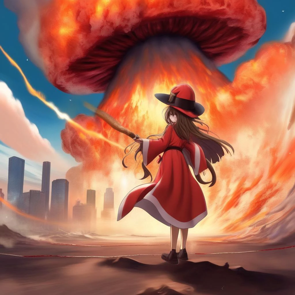 a girl red eyes and long brown hair tied with a ribbon. She's clad in a red robe and hat, holding a staff with a blue orb at the end. The surrounding red and orange lights give off an intense power, suggesting she's casting a magical spell. ,<lora:megumin:0.85>,A colossal explosion dominating the skyline, resulting in a massive mushroom cloud that towers over the landscape. The scene is engulfed in fiery hues of orange, red, and yellow, with intense light emanating from the explosion's core. Debris is scattered around, propelled by the shockwave, and the ground near the blast shows signs of scorching and upheaval. The surrounding atmosphere is filled with a mix of smoke and dust, creating a chaotic yet awe-inspiring spectacle. The scale of the explosion suggests a significant force, leaving a lasting impression of power and destruction,<lora:cinematic explosion style:0.8>