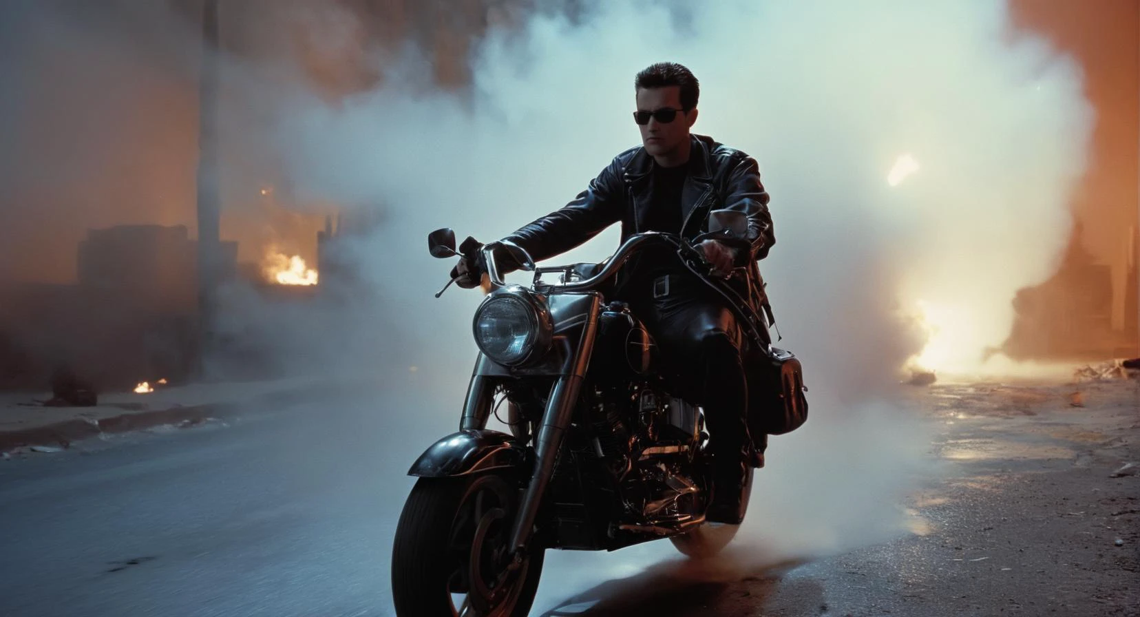 UHD, 4k, ultra detailed, cinematic, a photograph of <lora:Terminator 2 style:1> at night cool light
In the 1990's Model101 a man riding a motorcycle down a street,hero,protector,cinematic explosion in background,epic explosion,jacket,male focus,outdoors,fire,ground vehicle,motor vehicle,smoke,realistic,motorcycle,desert , cinematic color, contrast, filmic, science fiction themed, action themed, cinematic look, dramatic light, dramatic shadow light, realistic, realism, perfection, perfect, Kodak, Kodak film, movie still, Terminator style, The Terminator 1991 Film style
<lora:cinematic explosion style:1>, epic, beautiful lighting, inpsiring