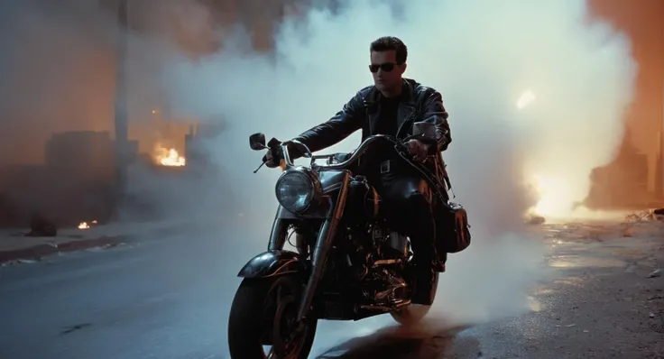 UHD, 4k, ultra detailed, cinematic, a photograph of  <lora:Terminator 2 style:1> at night cool light
In the 1990's Model101 a man riding a motorcycle down a street,hero,protector,cinematic explosion in background,epic explosion,jacket,male focus,outdoors,fire,ground vehicle,motor vehicle,smoke,realistic,motorcycle,desert , cinematic color, contrast, filmic, science fiction themed, action themed, cinematic look, dramatic light, dramatic shadow light, realistic, realism, perfection, perfect, Kodak, Kodak film, movie still, Terminator style, The Terminator 1991 Film style
 <lora:cinematic explosion style:1>, epic, beautiful lighting, inpsiring