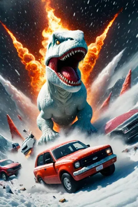 <lora:Harrlogos_v1.1:1.5>,("SNOW REX" text logo:1.5),<lora:Movie Poster:0.5>,Movie Poster page,a giant snowman in the shape of a tyrannosaurus with santa hat is crushing cars,cars exploding,<lora:cinematic explosion style:0.5>,cinematic explosion style, <lora:LCM_LoRA_Weights:1>