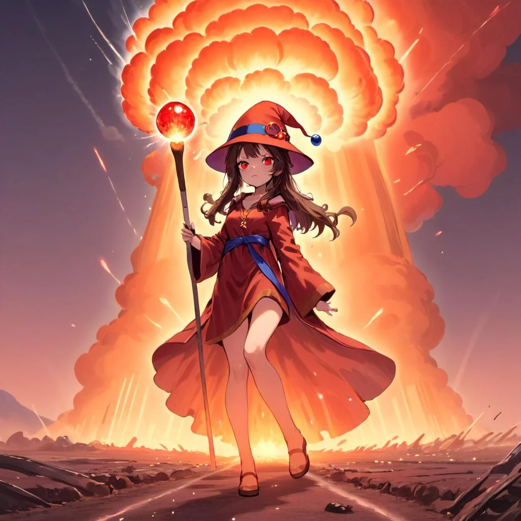 a girl red eyes and long brown hair tied with a ribbon. She's clad in a red robe and hat, holding a staff with a blue orb at the end. The surrounding red and orange lights give off an intense power, suggesting she's casting a magical spell. ,<lora:MeguminXL_v2.5:0.85>,A colossal explosion dominating the skyline,<lora:cinematic explosion style:0.8> , resulting in a massive mushroom cloud that towers over the landscape. The scene is engulfed in fiery hues of orange, red, and yellow, with intense light emanating from the explosion's core. Debris is scattered around, propelled by the shockwave, and the ground near the blast shows signs of scorching and upheaval. The surrounding atmosphere is filled with a mix of smoke and dust, creating a chaotic yet awe-inspiring spectacle. The scale of the explosion suggests a significant force, leaving a lasting impression of power and destruction