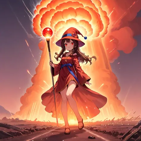 a girl red eyes and long brown hair tied with a ribbon. She's clad in a red robe and hat, holding a staff with a blue orb at the end. The surrounding red and orange lights give off an intense power, suggesting she's casting a magical spell.  ,<lora:MeguminXL_v2.5:0.85>,A colossal explosion dominating the skyline,<lora:cinematic explosion style:0.8>   , resulting in a massive mushroom cloud that towers over the landscape. The scene is engulfed in fiery hues of orange, red, and yellow, with intense light emanating from the explosion's core. Debris is scattered around, propelled by the shockwave, and the ground near the blast shows signs of scorching and upheaval. The surrounding atmosphere is filled with a mix of smoke and dust, creating a chaotic yet awe-inspiring spectacle. The scale of the explosion suggests a significant force, leaving a lasting impression of power and destruction