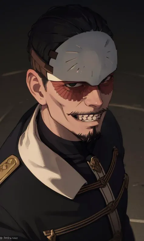 masterpiece,best quality,highres,cinematic lighting,dramatic angle,<lora:hejian-2:0.8>,1man,(forehead protector:1.2),suspenders,(clenched teeth:1.2),beard,military uniform,close-up,portrait,(evil smile:1.2),black hair,straight-on,solo focus,(shaded face:1.2),(empty eyes:1.1),happy,from above,looking at viewer,, masterpiece, best quality,