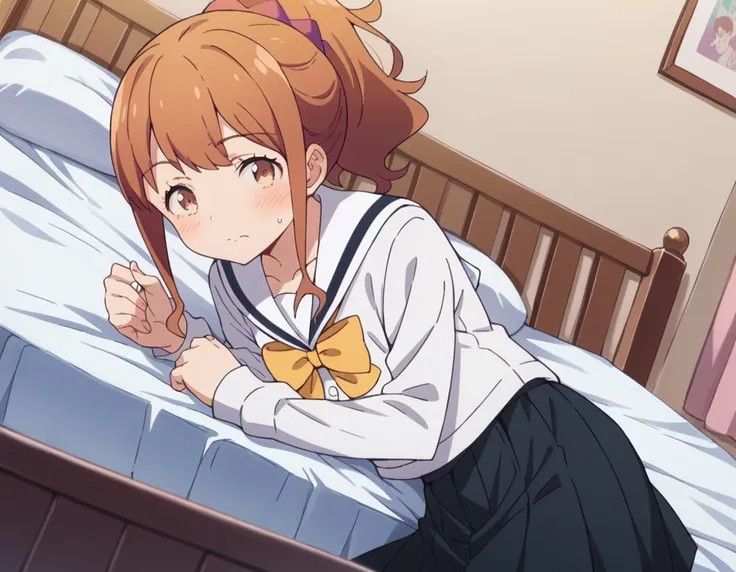 highest quality, (masterpiece:1.2), very detailed, jinno megumi, 1 girl, alone, looking at the viewer, smile, brown hair, ponytail, brown eyes, Scrunchie, (on the bed:1),(Doing a presentation:1.2),(best shadow), (moonlit room:1.1),(soft bed linen:1.1),1 girl,underwear, small breasts, spread your legs, show off your crotch, whole body