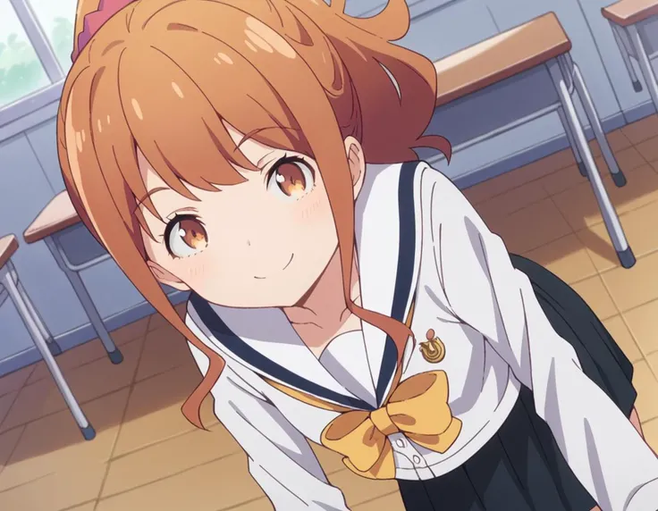 score_9, score_8_up, score_7_up, source_anime,
megumijinno, <lora:megumi-jinno-s1-ponyxl-lora-nochekaiser:1>,
megumi jinno, bangs, brown hair, hair ornament, brown eyes, ponytail, sidelocks, scrunchie, hair scrunchie,
skirt, shirt, long sleeves, bow, school uniform, collarbone, white shirt, serafuku, bowtie, black skirt, sailor collar, yellow bow, yellow bowtie,
indoors, classroom, bent over, smile,
solo, looking at viewer, cowboy shot, dutch angle,