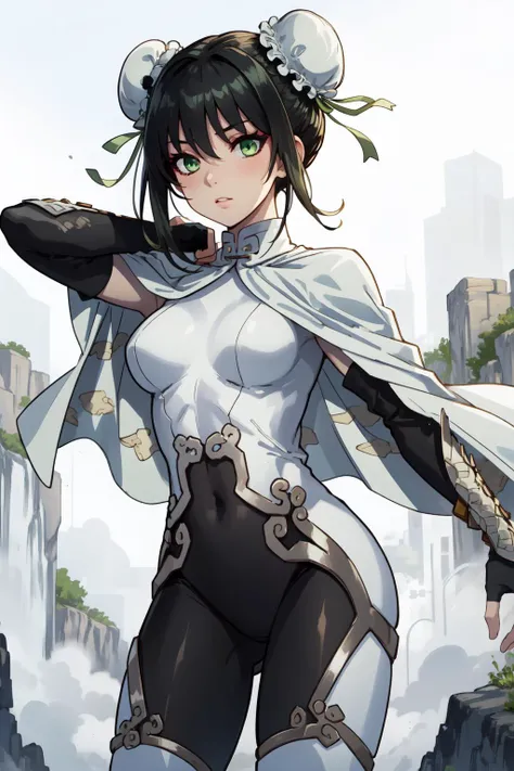 (masterpiece, best quality), intricate details,
1girl, <lora:qin liangyuV1:0.8> qin liangyu, bun cover, double bun, green ribbon, green eyes, black hair, short hair, sidelocks, bodysuit, white cape, fingerless gloves,