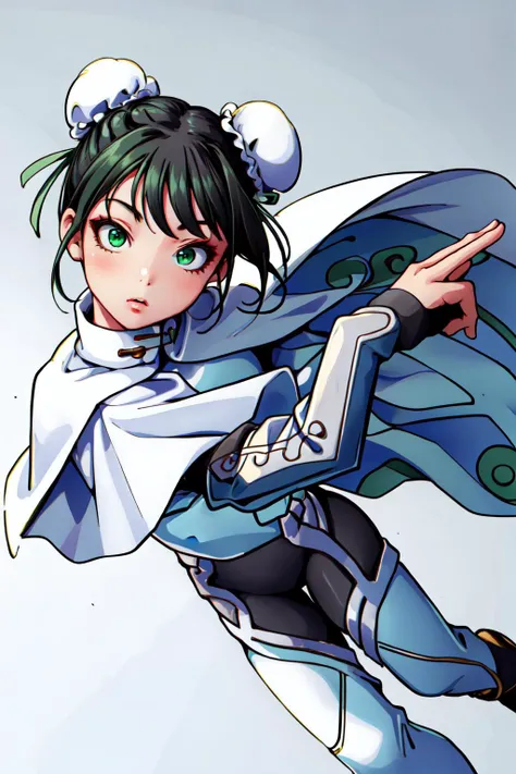 (masterpiece, best quality),  intricate details,
1girl,  <lora:qin liangyuV1:0.8> qin liangyu, bun cover, double bun, green ribbon, green eyes, black hair, short hair, sidelocks, bodysuit,  white cape, fingerless gloves, 
 <lora:PepePunchMeme:0.8> PepePunchMeme,
