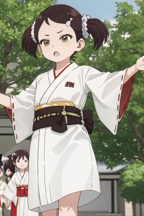 best quality, masterpiece, highres, solo, {white kimono:1.35}, {red hakama:1.35}, {wide sleeves:1.20}, {becky_blackbell_spyxfamily:1.15}, hair_ornament, female_child, twintails, scrunchie, black_hair, brown_eyes, child, short_twintails, hair_scrunchie, brown_hair, hairclip